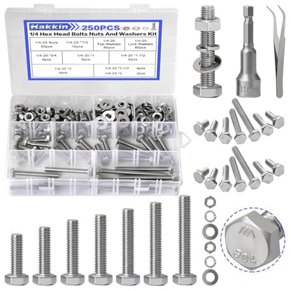 252Pcs 1/4-20 Hex Bolts and Nuts Kit, Stainless Steel Nuts and Bolts Assortment Kit, Fully Threaded Hex Bolt 1/4-20 x 1/2”, 3/4”, 1”, 1-1/2”, 2”, 2-1/2”, 3” Screws Nuts Flat Lock Washer Kit Hakkin - size: Set 12: 1/4-20