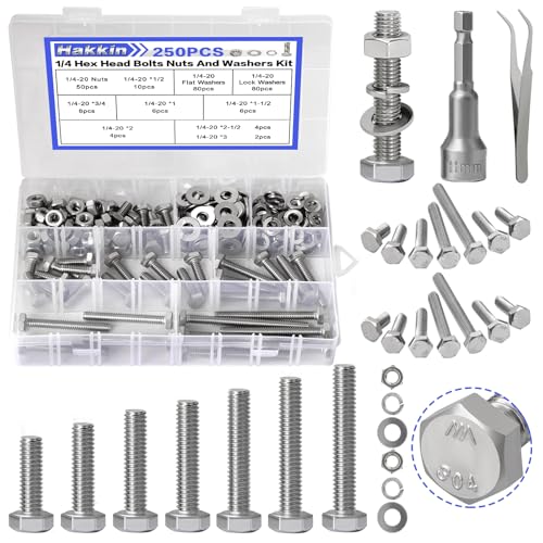 252Pcs 1/4-20 Hex Bolts and Nuts Kit, Stainless Steel Nuts and Bolts Assortment Kit, Fully Threaded Hex Bolt 1/4-20 x 1/2”, 3/4”, 1”, 1-1/2”, 2”, 2-1/2”, 3” Screws Nuts Flat Lock Washer Kit Hakkin - size: Set 12: 1/4-20