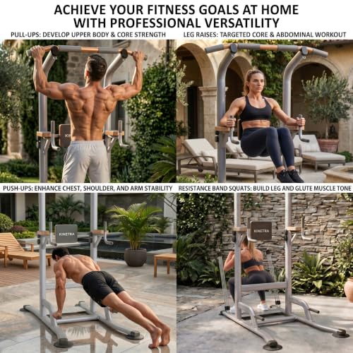 Multi-Function Power Tower Pull Up Bar Station with Pilates Resistance Bands, 450LBS Stable Pull Up Dip Station with Push Up Handles for Home Gym Strength Training Equipment - color: Stealth Grey - Beast Mode All-in-One