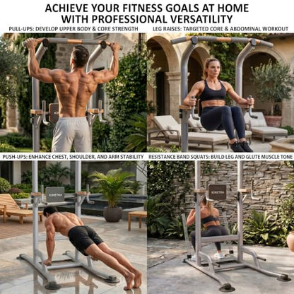 Multi-Function Power Tower Pull Up Bar Station with Pilates Resistance Bands, 450LBS Stable Pull Up Dip Station with Push Up Handles for Home Gym Strength Training Equipment - color: Stealth Grey - Beast Mode All-in-One