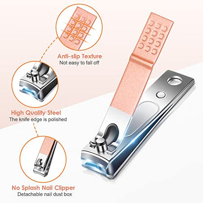 Manicure Pedicure Set Stainless Steel Nail Clippers Personal Nail Clipping Tools Portable Travel Grooming Kit with Snap-shut Case, Rose Gold