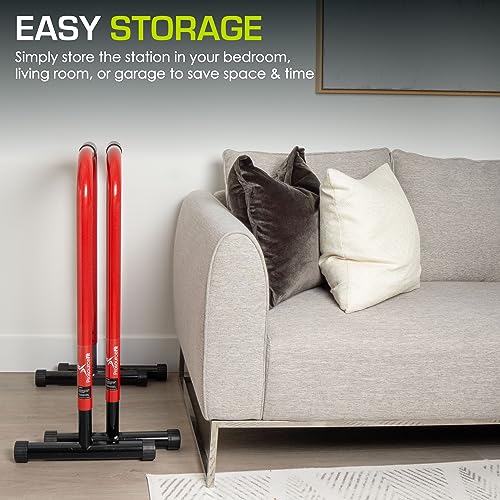 ProsourceFit Dip Stand Station, Heavy Duty Ultimate Body Press Bar with Safety Connector for Tricep Dips - color: Red, style: Lite