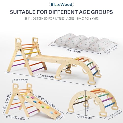 BlueWood Pikler Triangle Set, Foldable Wooden Toddler Climbing Toys Indoor Playground Jungle Gym Montessori Philosophy Climber for 2-6 Years Old, Baby, Kids (Rainbow, with Cushion) - color: Rainbow