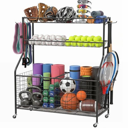 Garage Sports Equipment Organizer,Ball Storage Rack,Garage Organizer with Baskets and Hooks, Sports Gear Storage,Garage Ball Storage, Black