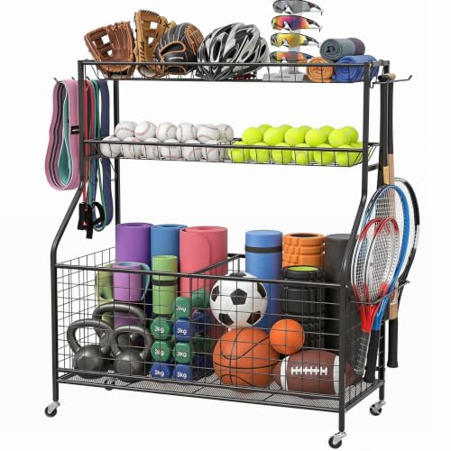 Garage Sports Equipment Organizer,Ball Storage Rack,Garage Organizer with Baskets and Hooks, Sports Gear Storage,Garage Ball Storage, Black