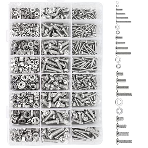 HELIFOUNER 810 Pieces M3 M4 M5 M6 304 Stainless Steel Button Head Socket Cap Metric Screws Bolts, Flat Washers and Nuts Assortment Kit with Hex Wrenches - size: M3 M4 M5 M6 (810 Pieces), style: Button Head Screws