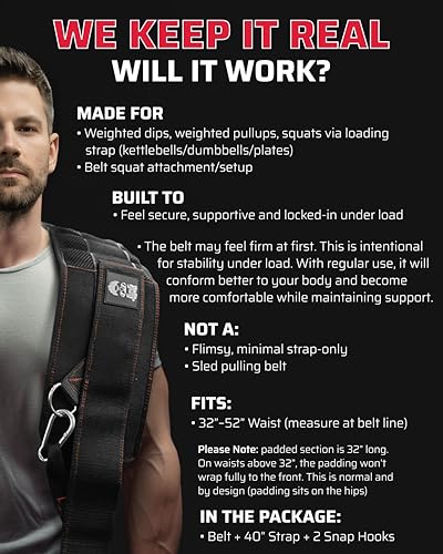 THEFITGUY Original Dip Belt with Strap for Dips, Pull-Ups, Squat Attachment | Secure hook-and-loop closure, structured back support, 45-degree D-rings, 40in strap, 2 hooks, up to 250lb