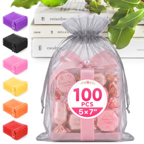 ANZNKU 100PCS Organza Bags 5x7 Gray Small Gift Mesh Drawstring Goodie Bag | Party Favor Goody Gift Bag Pouch for Jewelry Candy Treat Soap Sachet, Use for Wedding Birthday Baby Shower Graduation - color: Gray-5"x7"