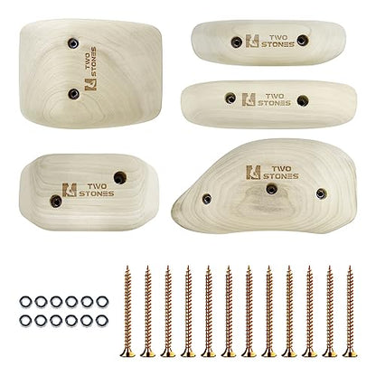 TWO STONES Wooden Rock Climbing Holds for Adults | Wood Rock Wall Climbing Holds | Variety Screw On Climbing Hold Grips Set with Mounting Hardware (HD5in1-B)