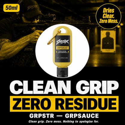 GRPSAUCE Liquid Chalk Alternative for Shooting Sports | Clear Drying Grip Enhancer for Pistols & Rifles | Non-Corrosive, Gun-Safe | No Chalk Residue | Competition Ready | 50ml Carabiner Clip Bottle