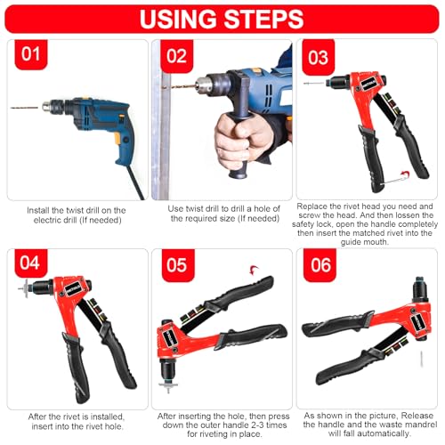 WETOLS Pop Rivet Gun Kit with 200 Blind Rivets, Upgraded Manual Single Hand Riveter with 4 Tool-Free Interchangeable Rivet Heads and 4 Drill Bits, Pop Rivet Tool Kit with Sturdy BMC Carrying Case - size: Regular Rivet Gun