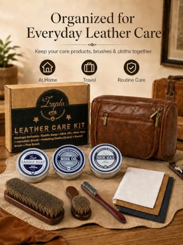 Leather Care Kit, 3.53 oz Saddle Soap, Mink Oil & Neutral Shoe Wax, Shoe Shine Kit with 3 Brushes, 3 Cloths & Bag