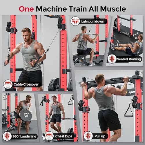 SPORTSROYALS Power Rack, Multi-Functional Power Cage, Squat Rack with Pulley System & LAT Pull Down, Workout Cage with J Hooks for Home Gym - color: Ruby Red, style: Power Cage Only