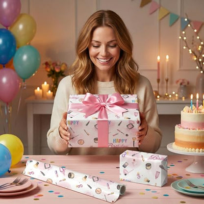 Liobelon Threenager Birthday Wrapping Paper Roll – 17" x 16.5 Ft Girl Gift Wrap with Watercolor Cosmetics & Lip Print Design, Teen Girl Party Supplies for 3rd Birthday, Daughter Sister Gift Wrap - color: Threenager