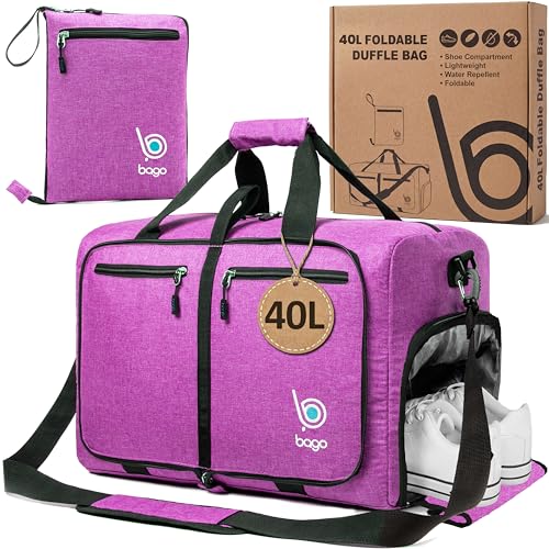 Bago Medium Duffle Bag for Travel Women & Men. Durable Lightweight Foldable Travel Duffel Bags For Traveling Women. 40L Duffle Bags a Reliable Weekender duffel or Overnight Bag With Shoe Compartment - color: SnowPink, size: 40L