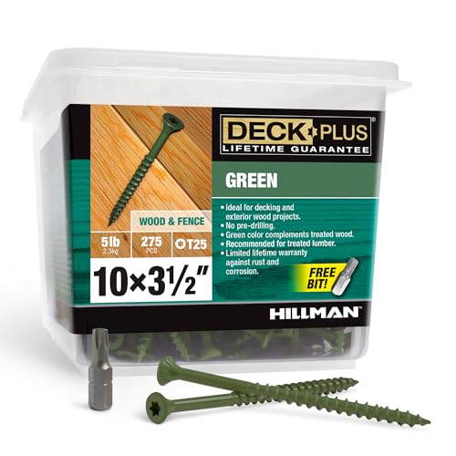 Deck Plus Deck Screws, #10 x 3-1/2in, 275 Pack, 5lb Box, Green | Epoxy-coated steel, star drive with T25 bit, self-drilling coarse thread for decking, fencing, and treated lumber use - color: Green, size: #10 x 3-1/2", style: 275 pcs