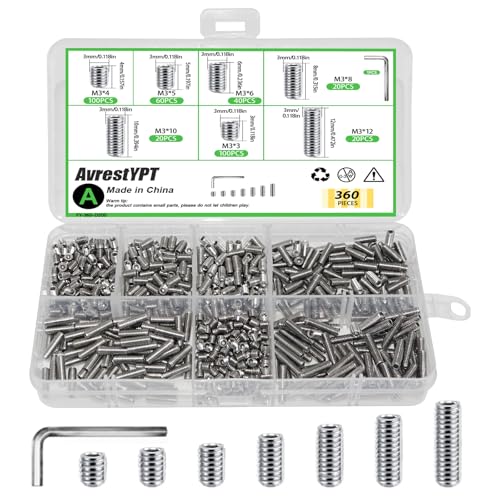 360 Pcs Set Screws Assortment Kit, 7 Sizes Included, M3 Metric & SAE Allen Set Screws for Plumbing, Bathroom Fixtures, Door Knobs - color: Silver-M3-360 Pcs