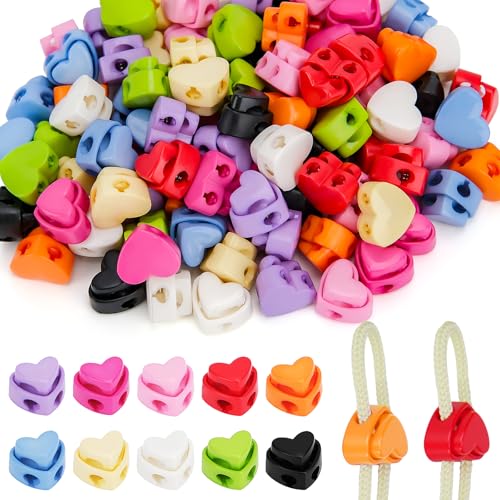 Hysagtek Plastic Cord Locks for Drawstrings Shoelaces, 100 Pcs Adjustable Round Cord Stops for Paracord, Backpacks - color: Heart-multicolor
