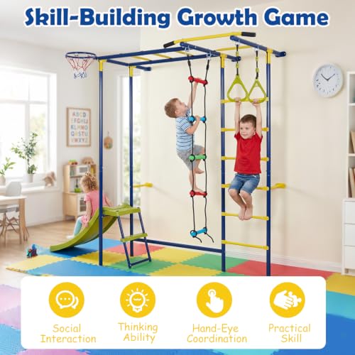 Costzon 7-in-1 Indoor Jungle Gym for Toddlers | Indoor Kids Gym for Exercise, Pull-up Bar, Rope, Gymnastic Rings, Solid Wall Set up, Climber Toys Boys Girls Gift - style: 7-in-1 Climbing Toys with Slide