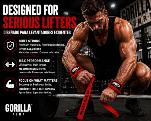 Pair of Deluxe Straps for Weights, Dumbbells, Gym and Crossfit with Non-Slip Grip and Durable Never Give Up Design - color: Red