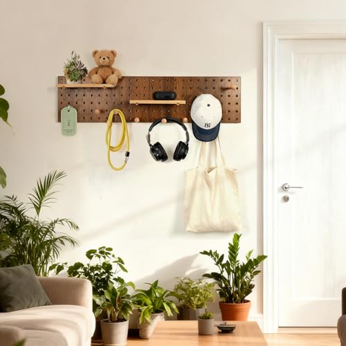 Brown Wood Pegboard Modular Set of 2 | Includes wall hooks & shelf, for home/office/bathroom storage - color: Brown