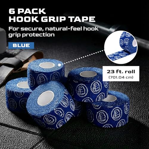 Weightlifting Hook Grip Tape 23ft Roll – 100% Elastic Sweat & Chalk Proof Thumb Tape for Crossfit, Gym, Weightlifting, Pull Ups, Gymnastics, Rowing & Multi-Sport Grip Protection - 6 Pack (Blue)