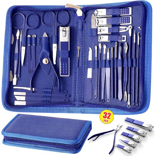 Manicure Set Pedicure Kit Womens Nail Clippers Set 32 in 1 Professional Grooming Care Tools Nail Kit Including Facial, Fingernails and Toenails Care with Travel Case Women - color: Blue_32in1