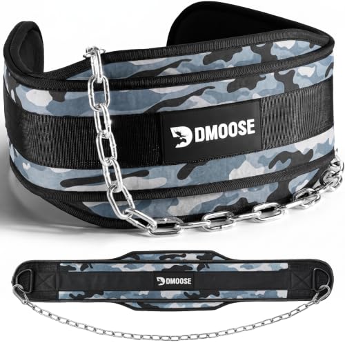 DMoose Fitness Dip Belt for Weight Lifting, Pullup, Squats & Dips - 36" Robust Steel Chain, Comfortable Neoprene Padding Supports 350lbs - Gym Weight Belt for Strength Training Workout & Weightlifting - color: Gray Camo