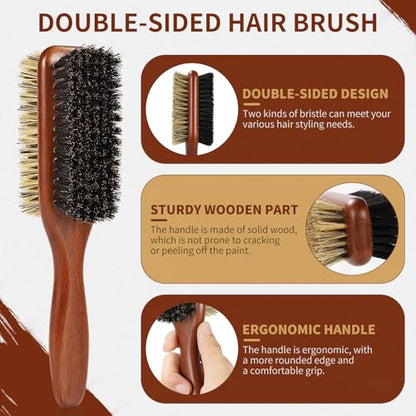 Boar Bristle Hair Brush for Men and Women, Double Side Slick Back Hair Brush with Medium & Firm Bristle, Sturdy Men's Brush for Waves, Fades, Slick Back Style (Brown) - color: Brown