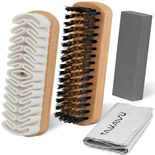 TAKAVU Suede & Nubuck Cleaning Kit, Crepe & Brass Brush, Eraser Block | Restores Suede Shoes & Boots, Includes Microfiber Towel, Brass Bristle Brush & Rubber Cleaning Block