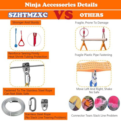 Ninja Warrior Obstacle Course for Kids Backyard Outdoor, 55ft Stainless Steel Main Cable, No Sagging, No Fraying, Weatherproof, 11 Pcs Training Accessories, Monkey Bar, Climbing Net, Swing - size: 55FT 11Pcs