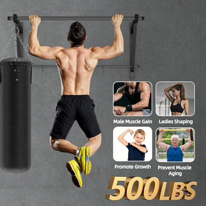 Adjustable Depth Pull Up Bar, Wall & Doorway Mounted Chin Up Bar with Hooks, Thickened Steel Construction, 500LBS Heavy Duty Capacity, Home Garage Upper Body Strength Training Equipment - color: Jet Black