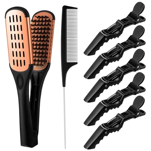Honeydak Clamp Brush for Straightening Hair Boar Bristle Double Sided Brush with 5 Pcs Alligator Clips and Pin Rat Tail, Flat Iron Comb for Smoothing and Styling Thick Frizzy Hairs(Orange Comb) - color: Orange Comb