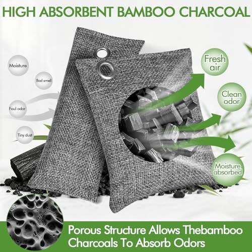 20 Pack Activated Charcoal Odor Absorber, Bamboo Charcoal Air Purifying Bag, Odor Deodorizer and Eliminator for Cars,Shoes, Closets, Pets,Refrigerators, and More (10x100g Large + 10x50g +10 Hooks)