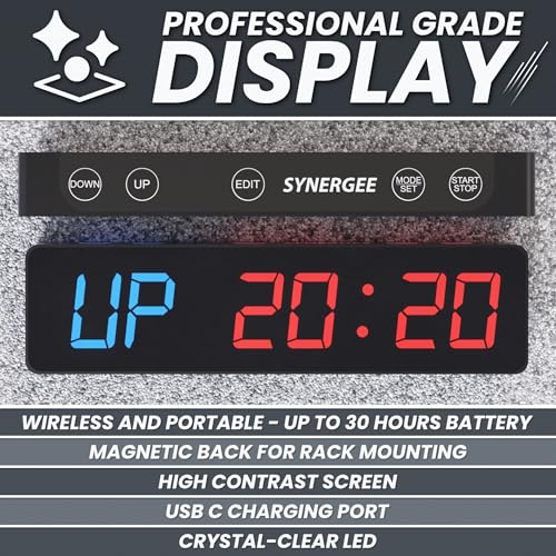 Synergee Magnetic Gym Timer Clock – Powerful Built-in Magnet, 30-Hour Battery Life, LED Display, Stopwatch, Tabata, EMOM & Interval Timer for Home Gym, Garage, or School Workouts
