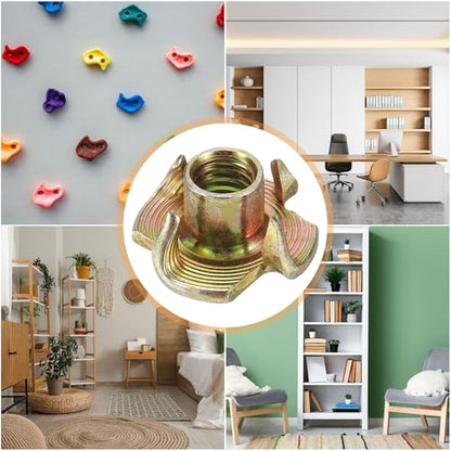 HARFINGTON M6x8mm T-Nuts 4 Pronged Tee Nut 0.69" x 0.31" Fully Thread Carbon Steel Inserts for Wood, Rock Climbing Holds, Cabinetry, Furniture 100pcs - size: M6x8mm, 17.5mm