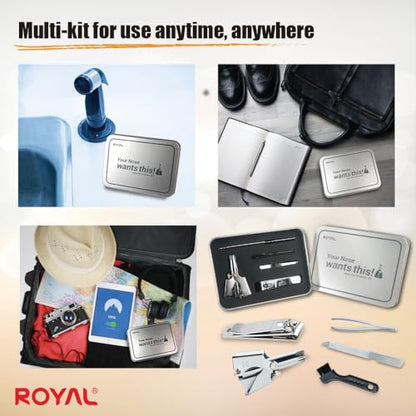 ROYAL [Made in Korea] Nose Hair Trimmer for Men Set, Birdie Set, with Nail Clippers and Tweezers, Manual, Battery-Free, Waterproof, Painless with Twelve Dual-Edged Blades, Patented Mechanism RET-4 - color: Silver Set
