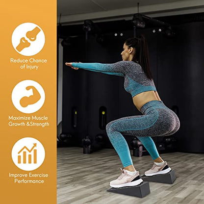 Squat Wedge for Easier Squats: 2-Pack Non-Slip Blocks with Guides | Improve Knees Ankles Mobility for Split Squats Weightlifting Deadlift Fitness Enthusiasts Home Exercisers Daily Workout