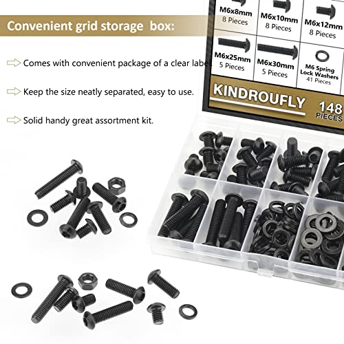 148 Pieces Black M6 x 8/10 /12/16 /20/25 /30mm Button Head Socket Cap Screws Nuts Washers Assortment Kit, 10.9 Grade Alloy Steel - size: M6, style: Button Head