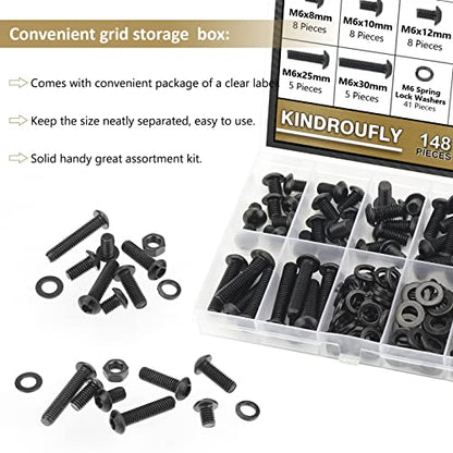 148 Pieces Black M6 x 8/10 /12/16 /20/25 /30mm Button Head Socket Cap Screws Nuts Washers Assortment Kit, 10.9 Grade Alloy Steel - size: M6, style: Button Head
