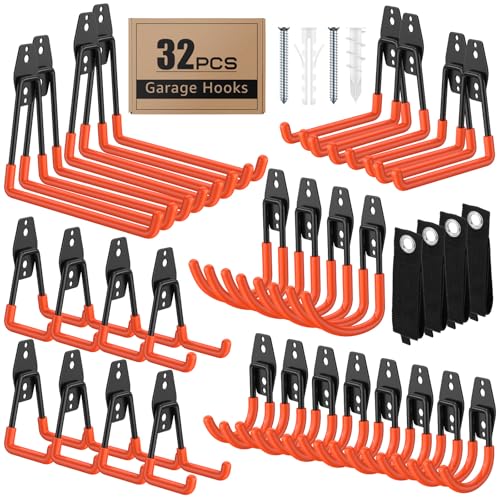 32-Pack Heavy Duty Wall Mount Garage Hooks | Hanging Storage For Ladders, Hoses, Bikes, Garden Tools, Ropes; For Yard, Warehouse, Workshop, Shed, Shop - color: 32 Pack Orange