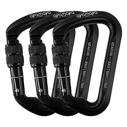 Ayamaya Climbing Carabiners - 3 Pack Screwgate Locking Carabiner 30KN (6744 lbs) Heavy Duty Gears for Rock Climbing, Rappelling, Swing Rescue & Gym, Large D-Shaped Carabiners - color: Black