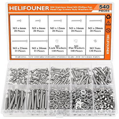 HELIFOUNER 540 Pieces M3 x 6mm /8mm /12mm /16mm /20mm /25mm /30mm, Phillips Pan Head Machine Screws, Metric Screws Bolts Washers Nuts Kit, 304 Stainless Steel - size: M3, style: Phillips Pan Head Machine Screws