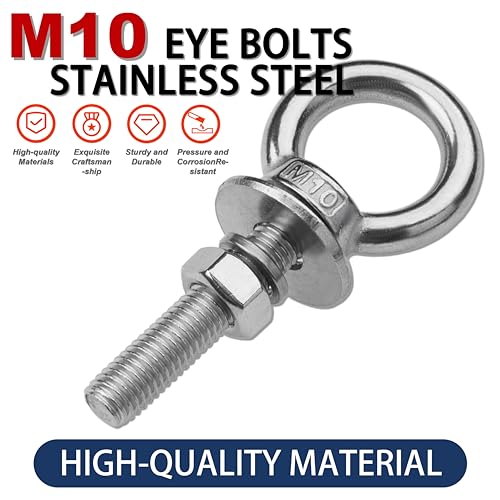 4 Pack M10 Stainless Steel Eye Bolts with Nuts, 3/8" x 2" Eye Bolts | 304 Stainless Steel Eye Bolt,Eye Bolts Heavy Duty for Hang Tie Down Outdoor,3/8 eye bolts with nuts,m10 eye bolts - size: M10x51mm (3/8"x2")