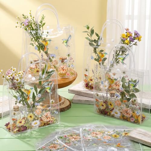 Resholder 24 Pcs Floral Hummingbird Clear Gift Bags with Handles Spring Wildflower PVC Treat Gift Bags for Flower Bird Party Wedding Bridal Baby Shower Birthday Tea Party Decoration, 8 x 8 x 3.15 Inch