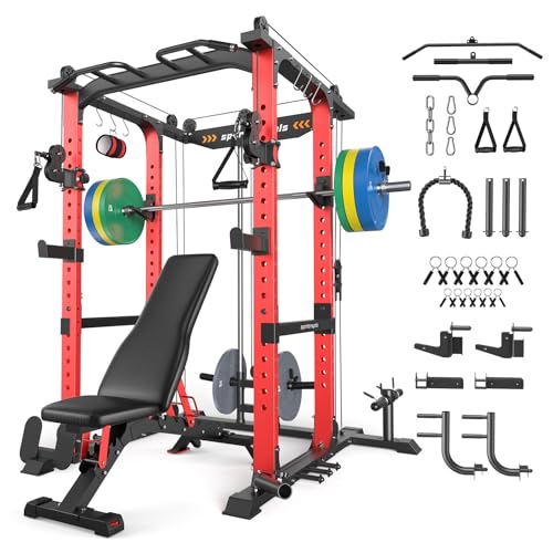 SPORTSROYALS Power Rack, Multi-Functional Power Cage, Squat Rack with Pulley System & LAT Pull Down, Workout Cage with J Hooks for Home Gym - color: Ruby Red, style: 230LB Colorful Package with BC