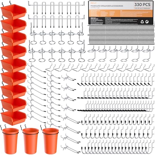 INCLY 330PCS Upgraded Pegboard Accessories Organizer Kit with Bins & Cups | Peg Board Hooks Assortment for Organizing Tools, 1/8 or 1/4 inch Pegboard Hooks, for Garage Warehouse Wall Organization - size: 330 pCS