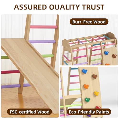 9 in 1 Indoor Playground for Kids, Montessori Wooden Toddler Jungle Gym Indoor with Slide, Swing, Rope Ladder, Climbing Net, Rock Wall and DIY Name Stickers, Playground Playset for Boys and Girls
