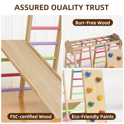 9 in 1 Indoor Playground for Kids, Montessori Wooden Toddler Jungle Gym Indoor with Slide, Swing, Rope Ladder, Climbing Net, Rock Wall and DIY Name Stickers, Playground Playset for Boys and Girls