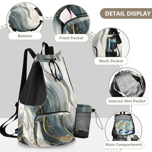 Drawstring Climbing Gym Bag With Water Bottle Holder Drawstring Backpack with Wet Dry Compartments Blue Golden Lines Marble